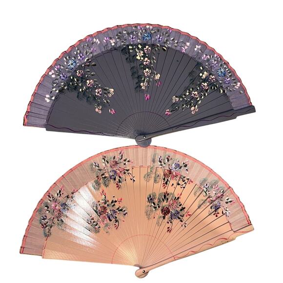 2 Vintage Handpainted Wooden Foldable Hand Fans Pink Purple Flowers 17x9 Asian - Picture 1 of 11